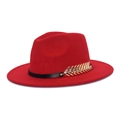 Close-up of a red fedora hat with a black textured band and gold leaf metal accessory - M (56-58cm) / Red