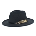 Close-up of black fedora wool hat featuring a classic band and gold leaf metal accessory - M (56-58cm) / Dark Gray