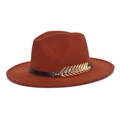 Classic caramel wool fedora hat with black leather band and golden feather ornament - M (56-58cm) / Caramel color