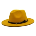 Yellow wool jazz hat with black leather strap and silver buckle detail view - M (56-58cm) / Yellow