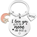 Edelstahl Schlüsselanhänger mit Mond und Herz Anhänger für Mama zum Valentinstag - Mom Gravierte Mond-Sterne-Stil