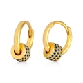 Detail of gold huggie earrings with rotating blue rhinestone cylindrical pendants - Green Gold
