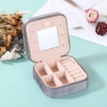 Portable gray velvet jewelry box with mirror and pink lining for rings and earrings - Metal Zipper Style / Gray