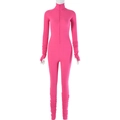 Detail of pink ribbed jumpsuit featuring front zipper closure and ruched sleeve textures - S / Rose Red