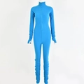 Detail of blue ribbed long sleeve jumpsuit featuring front zipper and ruched sleeve cuffs - S / Blue