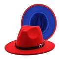 Detail view of red and blue contrast wool fedora hat with black leather belt and metal buckle - Red (Outside Red Inside Blue)