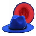 Detail of blue and red two-tone fedora hat with black leather strap and metal buckle - Royal Blue (Outer Blue Inner Red)