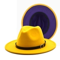 Detail view of yellow fedora hat with purple underbrim and black leather strap decor - Yellow (Outside Yellow Inside Purple)