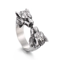 Vintage steel double wolf head ring with antique silver finish and engraved details - US 10 / Double Wolf Head Style (KR104867-KJX) / Antique Silver