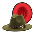 Detail of army green wool fedora hat with red brim lining and leopard print belt strap - M(56-58cm) / Army Green with Red Interior
