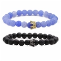 Blue crackle agate and black lava stone bead bracelet set with crown charms - Style 2 Gold Crown Set