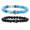 Black and blue volcanic lava stone crown beaded bracelet set for men and women - Style 1 White Gold Crown Set