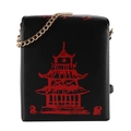 Detail of the unique Chinese takeout box bag with red pagoda print and gold chain strap - Black