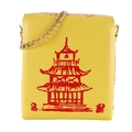 Detail of yellow takeout box crossbody bag with red tower print and gold chain strap - Yellow
