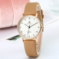 Minimalist women's quartz watch with khaki leather strap and rose gold metal case - Brown