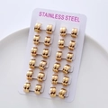 Set of 12 pairs of minimalist gold stainless steel hoop earrings on a display card - 7mm Wide 13mm OD / Gold (13mm/12 Pairs Set)
