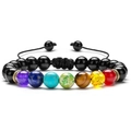 Pulsera ajustable de 7 chakras con cuentas de piedras curativas y cordón trenzado negro - Negro Brillante