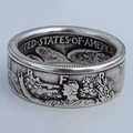 Antique silver Morgan coin ring featuring United States 1945 half dollar coin relief - US 6 / Antique Silver
