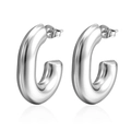 Polished silver stainless steel C-shape chunky hoop earrings with butterfly backs - Round Oval (MS-015) / Steel