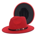 Detail of red fedora hat featuring black leather band with a golden metal buckle - Red + Black