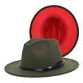 Flat brim wool felt fedora hat in dark green and red bicolor with black leather band - M(56-58cm) / Army Green (Red Lining)