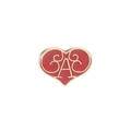 Macro shot of red enamel heart brooch with gold scrollwork and script lettering - Red Heart with Letter A