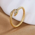 Snake open ring in 18K gold plating with green zircon eyes and crystal scale details - Adjustable Open / Gold