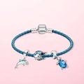 Detail of ocean-themed blue leather bracelet with dolphin, whale and turtle charms - 17cm / Style G/Blue Leather Dolphin Whale Turtle