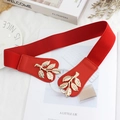 Elegante cintura elastica rossa da donna con fibbia decorativa a foglia dorata - Rosso / 75cm