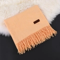 Soft peach cashmere-feel scarf with elegant fringes and a small brown leather label - Bright yellow