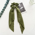 Elegant avocado green satin hair scrunchie with long ribbons on artistic white background - Satin Ribbon / Dark Green