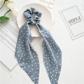 Blue polka dot silk ribbon scrunchie for ponytails shown on a minimal white background - Polka Dot Ribbon / Grey Blue
