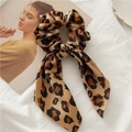 Leopard print satin scrunchie with long ribbon tails and smooth silk-like texture - Leopard Coffee