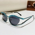 Occhiali da sole cat eye di lusso con montatura in metallo e cristalli blu - Blu/Grigio (Strass Blu)