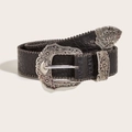 Cintura vintage nera effetto coccodrillo con fibbia argentata su sfondo bianco - Cintura Nera Retrò Fibbia Intagliata Bordo Perline Motivo Pietra (923)