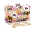 Detail of evening clutch bag featuring 3D floral petals, sequins and gold chain strap - Beige