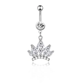 Silver stainless steel belly button ring with sparkling crown pendant and clear zircon - Crown Style JE0069B