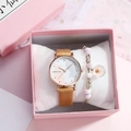 Reloj de gato animado con correa de cuero marrón y pulsera en caja de regalo rosa - Juego de Reloj Pulsera Caja de Regalo Gato Marrón / Marrón