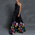 Elegant black one-shoulder maxi dress with pleated skirt and colorful floral print details - S / Black Floral