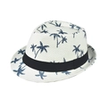 Dettaglio di un cappello di paglia bianco con palme blu e nastro decorativo nero - Adulto 56-60cm / Palma di Cocco Bianco