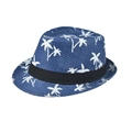 Dettaglio di un cappello di paglia blu navy con palme bianche e nastro nero decorativo - Adulto 56-60cm / Albero di Cocco Blu Marino