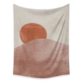 Minimalist bohemian tapestry with abstract orange sun and hills in earthy tones - Sunset Mountains-GT111800
