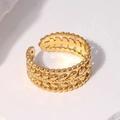 Anello aperto in acciaio inossidabile placcato oro 18K con motivo a foglie su pietra - Regolabile / Oro