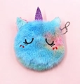 Detail of blue plush unicorn coin purse with sequins horn and metal keychain chain - Shy Expression
