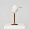 Mannequin head with beige fabric cover and dark wood base for hat or wig display - Female Style + Antique Color Tall Base