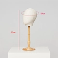 Beige fabric mannequin head with wooden stand for hat display, 54cm head circumference - Female Style + Tall Base