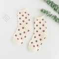 Cream-white cotton socks for women featuring red floral patterns and ruffled edges - Lettuce Trim/Knitted / Pentagram Flower/Off-white