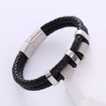 Mens double-layer braided black leather bracelet with silver stainless steel magnetic clasp - Steel