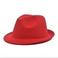 Detail of a red wide-brimmed wool fedora hat with a classic dented crown for winter - M (56-58cm) / Red