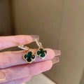 Gold clover drop earrings with deep green stones and white pavé diamonds details - 39# Ear Buckle Green Emerald Zirconia